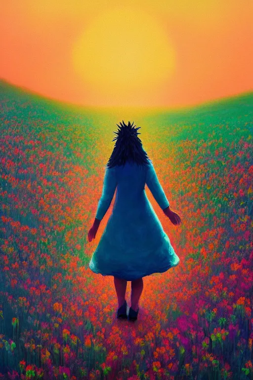 Image similar to giant corn flower head, girl walking on the moon, surreal photography, sunrise, dramatic light, impressionist painting, colorful clouds, digital painting, artstation, simon stalenhag