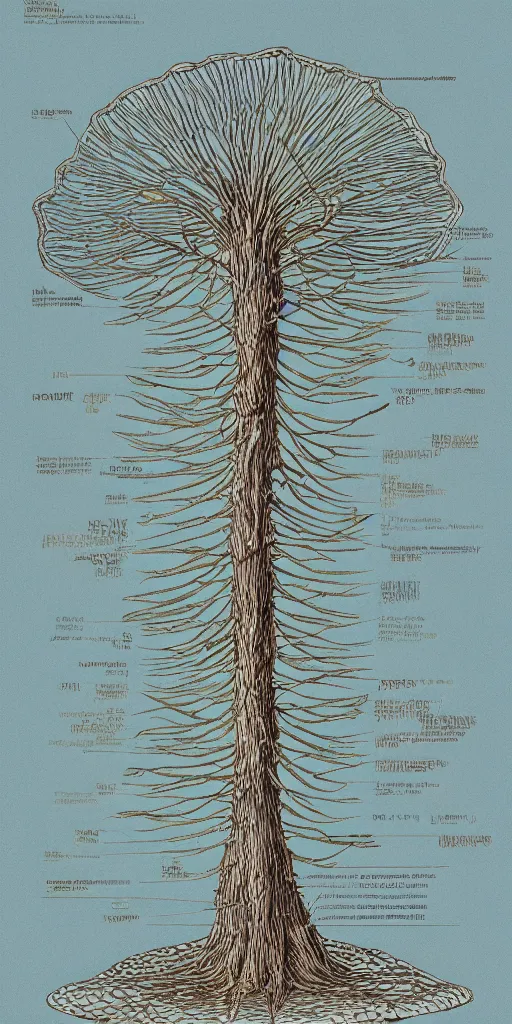 Prompt: detailed infographic by john howe of a giant beautiful diatom tree