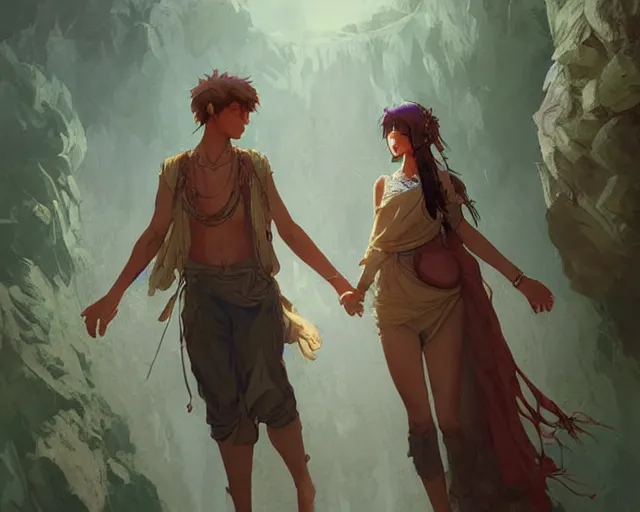 Image similar to a cinematic boy girl traditional romance moment, exploring the caves boho clothing, full body illustration, bestselling movie art poster, official media, 1970s fashion, dynamic lighting official anime media, incredible art by artgerm and greg rutkowski