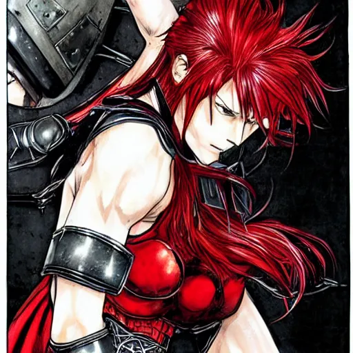 Prompt: female warrior, red hair, black armor, by takehiko inoue, ultra detailled, medieval, manga