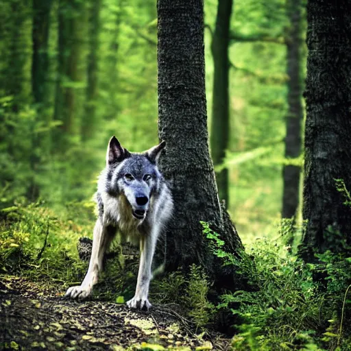 Image similar to werewolf, photograph captured in a forest