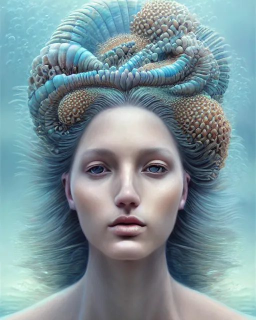 Prompt: portrait of an impossibly beautiful sea goddess, graceful, esoteric, muted colors, head in focus, fantasy art, ocean corals aesthetics, intricate details, elegant, highly detailed, hyperrealistic painting, artstation, concept art, painterly, sharp focus, illustration, epic art by hans jokem bakker