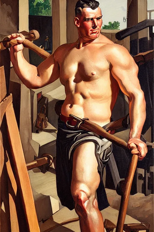 Prompt: muscular sweaty male blacksmith, forgehouse painting by j. c. leyendecker, tom of finland