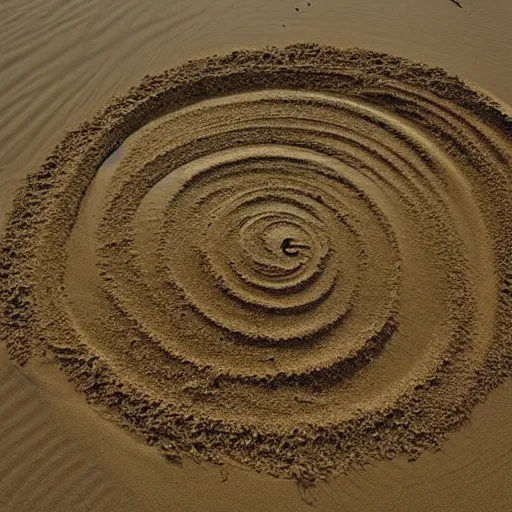 Image similar to A golden spiral created with sand on a beach, leading into the ocean, golden ratio, by sandro boticceli and Hayao Miyazaki