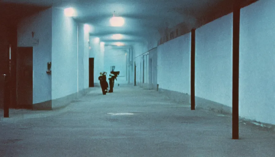 Prompt: 60s movie still of a sovietic stalinist style empty light blue tunnel, cinestill 800t 50mm eastmancolor, liminal Space style, heavy grain-s 150