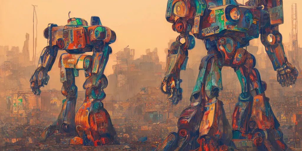Image similar to colourful - damaged - giant mecha ROBOT of AJEGUNLE SLUMS in Lagos, markings on robot, Golden Hour, painting by Hsiao-Ron Cheng,