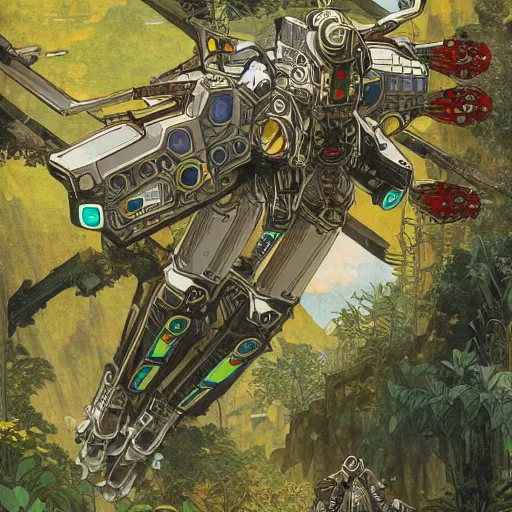 Prompt: massive epic solarpunk alien mecha made of tribal intricate design cyber mechanical dynamic skyship jetpack air vehicle flying near a hillside creek grove ancient stone ruins, alphonse mucha, xenogears, star ocean, shinkai ultra detail