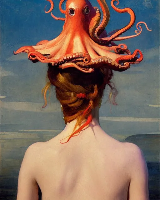 Image similar to a beautiful girl wearing an octopus as a hat, painted by edgar maxence, edward hopper, wayne barlowe and james gilleard, airbrush, art by jamesjean