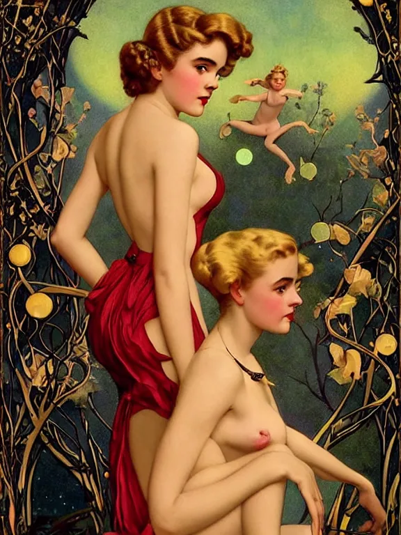 Image similar to Kiernan shipka as the three graces, a beautiful art nouveau portrait by Gil Elvgren and Gerald Brom and Alberto Vargas and Bill Henson, Moonlit forest environment, centered composition, defined features, golden ratio, golden jewelry