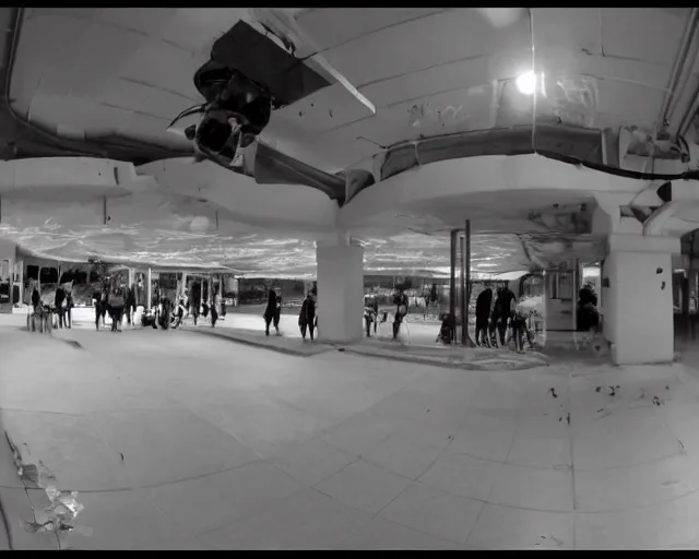 Image similar to camera footage of a Darpa Robots trying to stop skateboarders in an abandoned shopping mall, high exposure, dark, monochrome, camera, grainy, CCTV, security camera footage, timestamp, zoomed in, fish-eye lense, Robot, Skateboarding, Drone, Intense, Darpa,