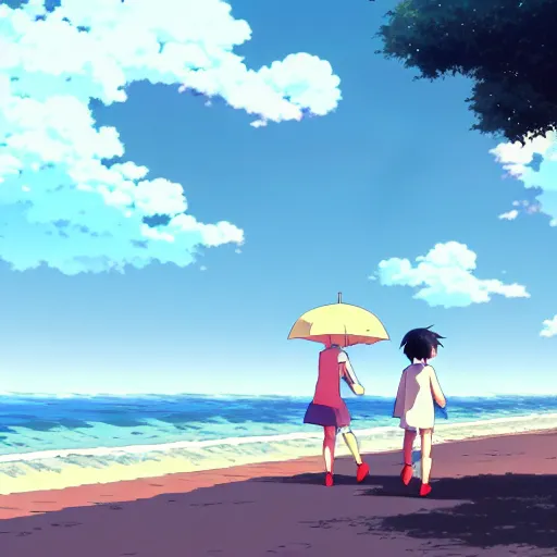 Image similar to anime girl and boy walking together on the Beach, Rain, umbrella, by makoto shinkai, Studio Ghibli, anime wallpaper, illustration, 4k Wallpaper, flat colors