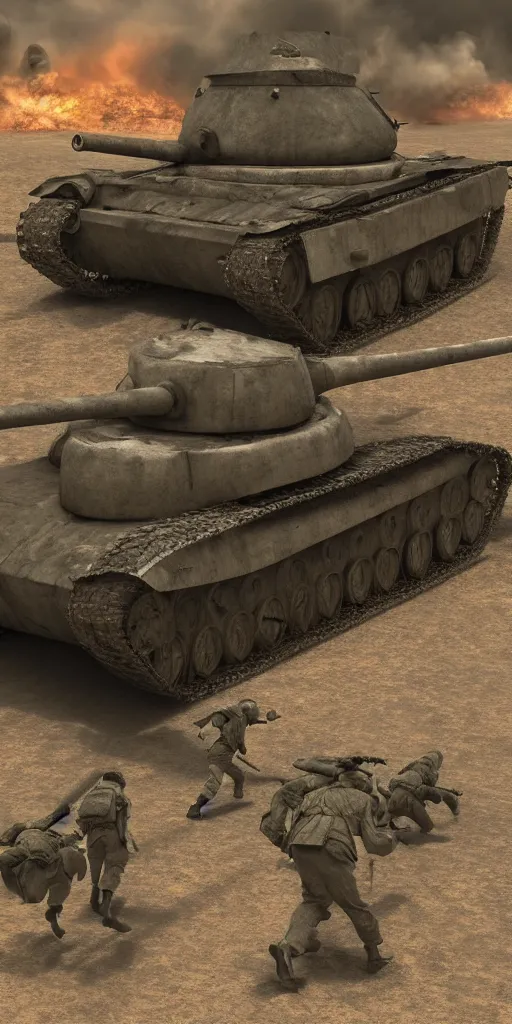 Prompt: world war 2 tank, soldiers running away, hyperdetailed, photorealistic, 3 d render