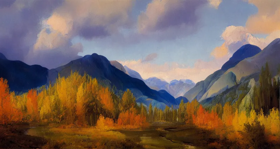 Prompt: Realist colorful impasto painting of the Salmon River mountains by John Harris, 4k scan, oil on canvas,