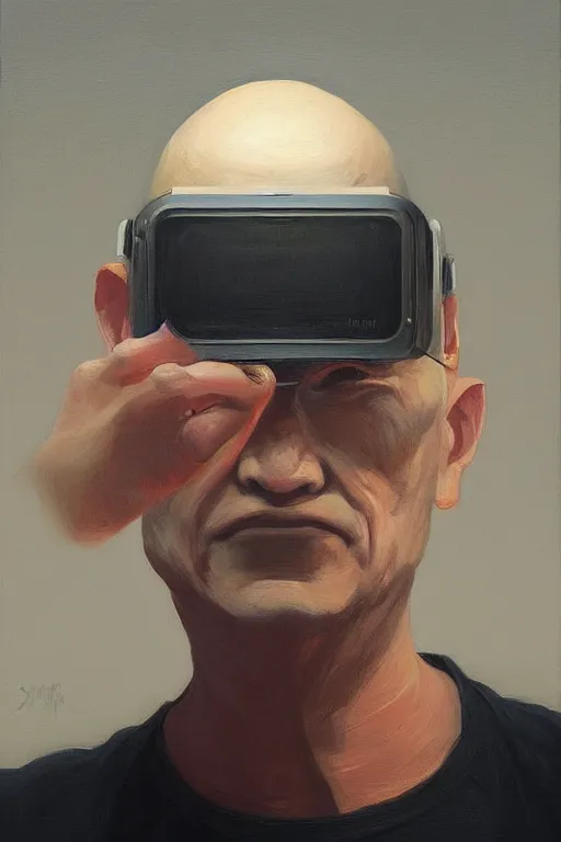 Image similar to sathoshi nakamoto wearing oculus and bitcoin over his head edward hopper and james gilleard, zdzislaw beksisnski, higly detailed