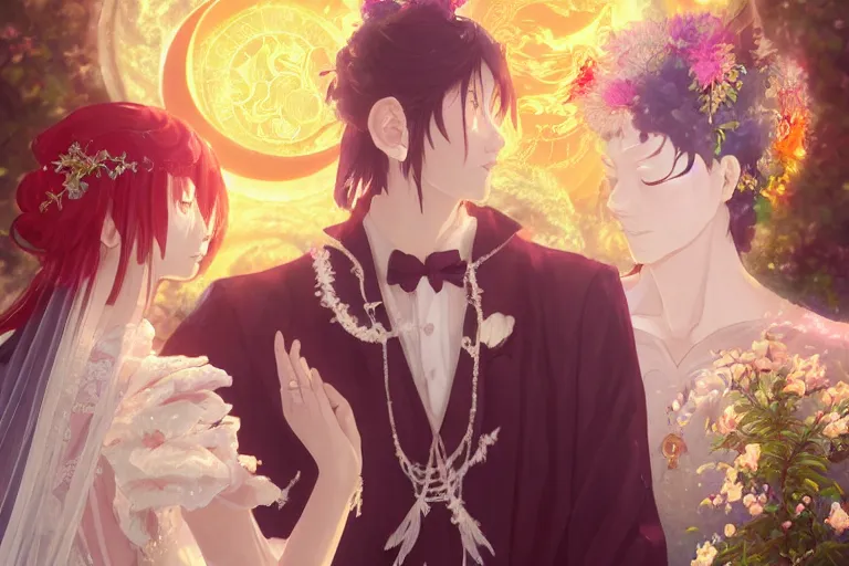 Image similar to a dreamlike portrait of wedding photograph close up moment of a divine a taiwan sun god and moon goddess lovers magician at a wedding banquet. portraiture. digital painting. artstation. concept art. fantasy wedding photo. digital painting, 8 k realistic, hyper detailed, by makoto shinkai and akihiko yoshida and hidari and wlop