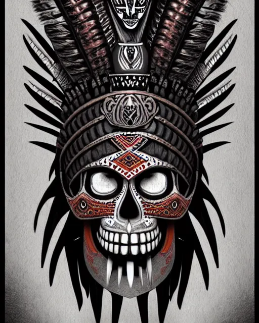 Image similar to character design, aztec warrior goddess with beautiful skull face, crown of very long feathers, full body, glowing aztec tattoos, beautiful, dark fantasy by hr giger