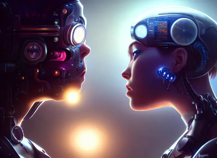 Image similar to ultra realistic medium shot of a couple of cyborgs kissing, lovers, cyberpunk, sci - fi, kodak, faces, colour led, soft light, volumetric lighting, fog, rays, night, intricate detailed, digital painting, concept art, smooth, sharp focus, illustration, art by artgerm and greg rutkowski and alphonse mucha