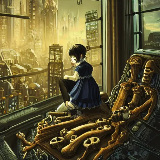 Prompt: young sad victorian gothic manga child with big eyes and wide grin sitting on a sofa of bones surrounded by a cyber futuristic cityscape made of human body parts, digital matte illustration by dan mumford, ultra detailed, 8 k resolution, beautiful lighting, expansive detailed layered city, landscape