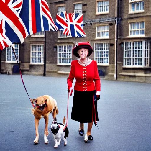 Image similar to photography portrait of queen elizabeth ii, queen of united kingdom, wearing a union jack dress and walking her dogs in the streets of london, photorealistic, canon r 3, photography, wide shot, symmetrical features, symmetrical pose, wide angle shot, head to toe, standing pose, feet on the ground