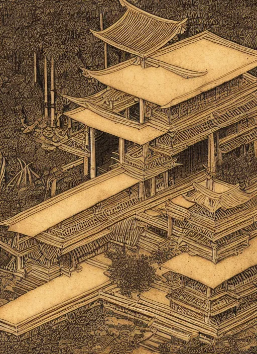 Prompt: bamboo temple by Leonardo de Vinci, isometric