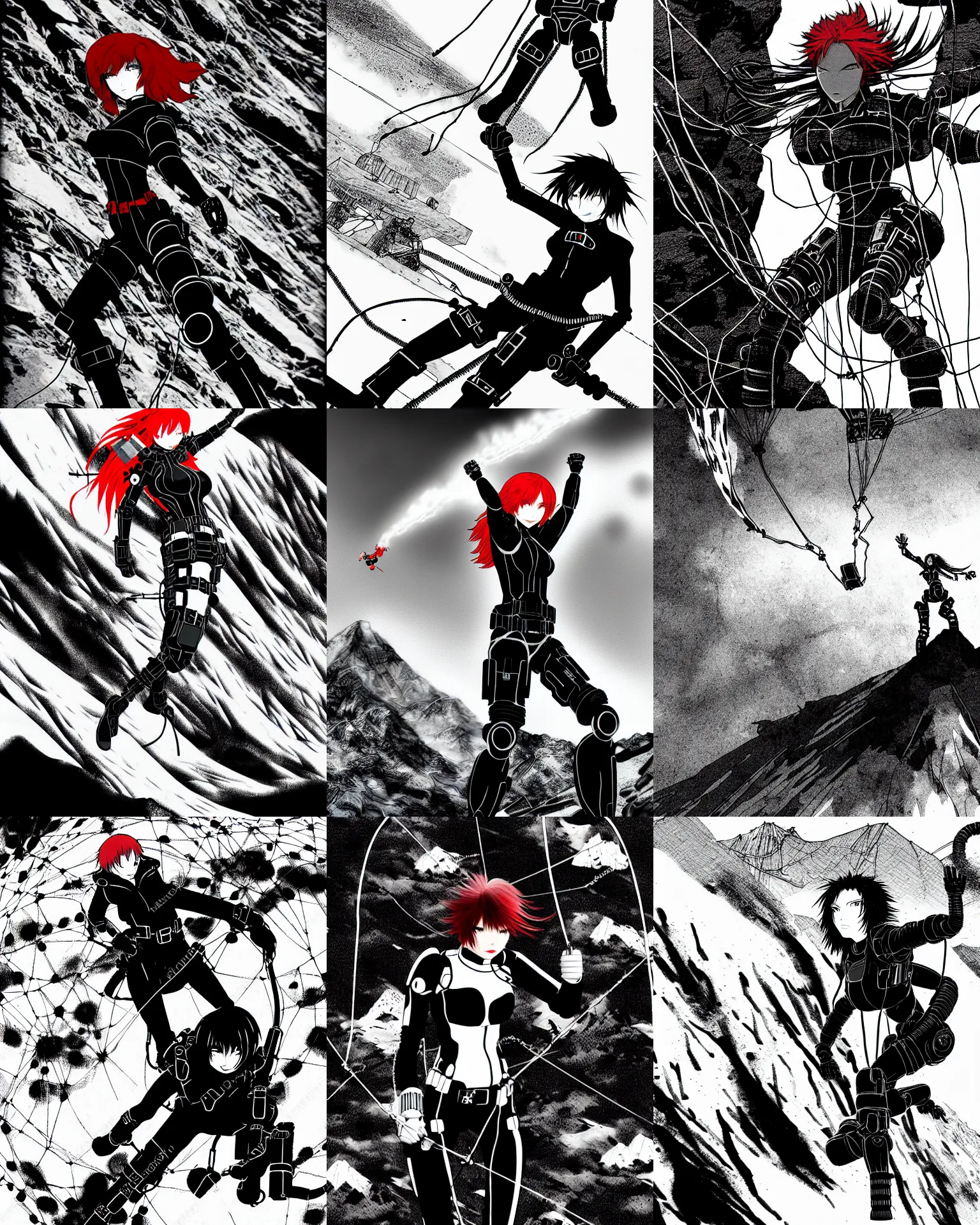 Prompt: black widow red hair flies with a parachute from everest and fires pistols at robots with techno details, by tsutomu nihei, black and white, wires clouds and rocks background