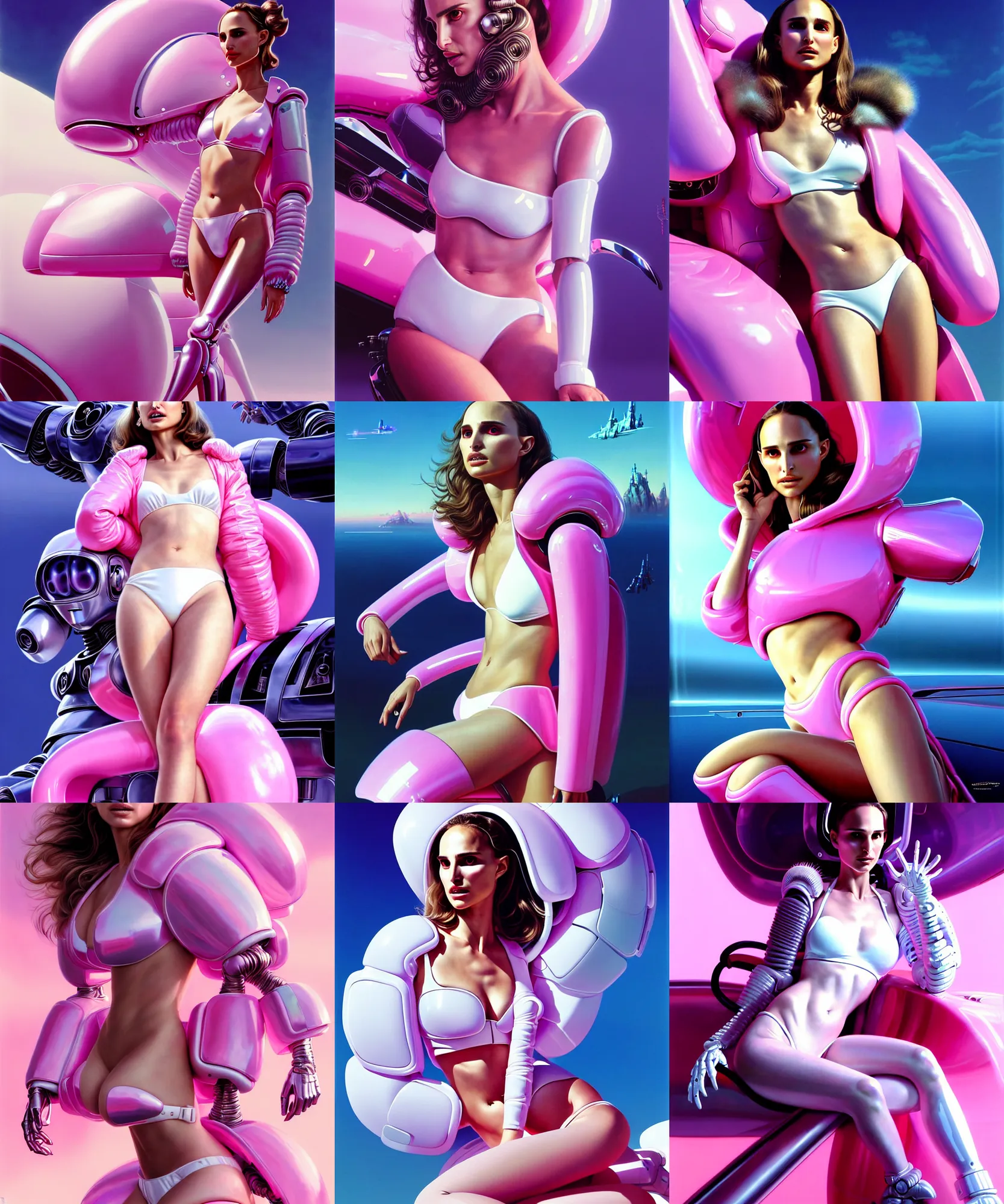 Prompt: beautiful fantasy character portrait, natalie portman, wearing oversized plastic puffy pink bomber jacket and white bikini, seductive seated pose, futuristic chrome vehicle, ultra realistic, wide angle, dramatic lighting, robots, cyberpunk artifacts, highly detailed by paolo eleuteri serpieri, boris vallejo, aaron horkey, hajime sorayama, peter mohrbacher,,