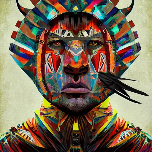 Image similar to digital painting of a warrior shaman with geometric patterns and animals by android jones