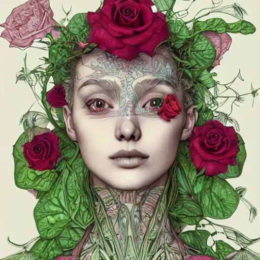 Image similar to the anatomy of a head of lettuce with roses that resemble a beautiful young woman looking up, an ultrafine detailed illustration by james jean, intricate linework, bright colors, final fantasy, behance contest winner, vanitas, angular, altermodern, unreal engine 5 highly rendered, global illumination, radiant light, detailed and intricate environment
