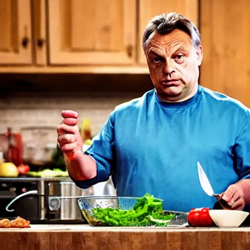 Prompt: viktor orban cooks in a tv show, oil painting