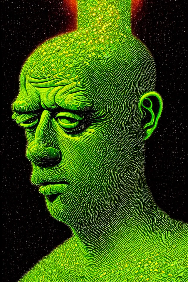 Image similar to bizarre green blacklight detailed renaissance portrait of homer simpson as a highly detailed realistic real life, dramatic cinematic lighting, 8 k, beautiful intricate painting by james r eads and tomasz alen kopera