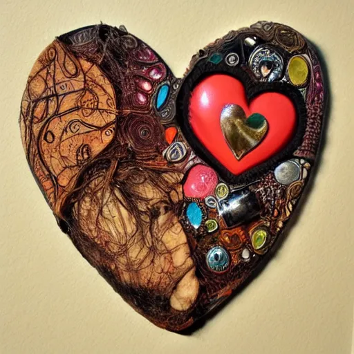 Image similar to human heart, anatomically correct, photocollage, pyrography, puppet, bejeweled, mixed media, frottage, happy accidents, in a symbolic and meaningful style