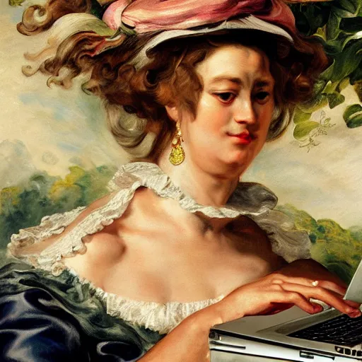 Prompt: heavenly summer sharp land sphere scallop well dressed lady working on her laptop auslese, by peter paul rubens and eugene delacroix and karol bak, hyperrealism, digital illustration, fauvist, laptop, laptop