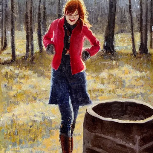 Image similar to emma stone in boots walking to outdoor toilet, russian depression, chthonic, by shulzhenko, nikolay kopeykin, lozhkin, vdovenko, oil painting art