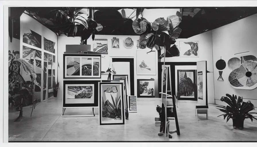 Image similar to A black and white photography of an exhibition space with objects of Sun Ra, Marcel Duchamp and tropical plants, 60s, offset lithography print, newspaper, distant shot, minimalist