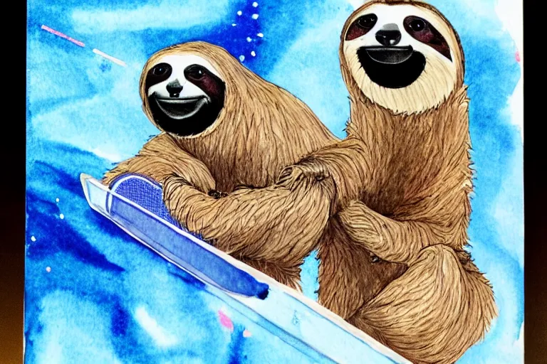 Prompt: a sloth and a llama playing ping pong in space, water color