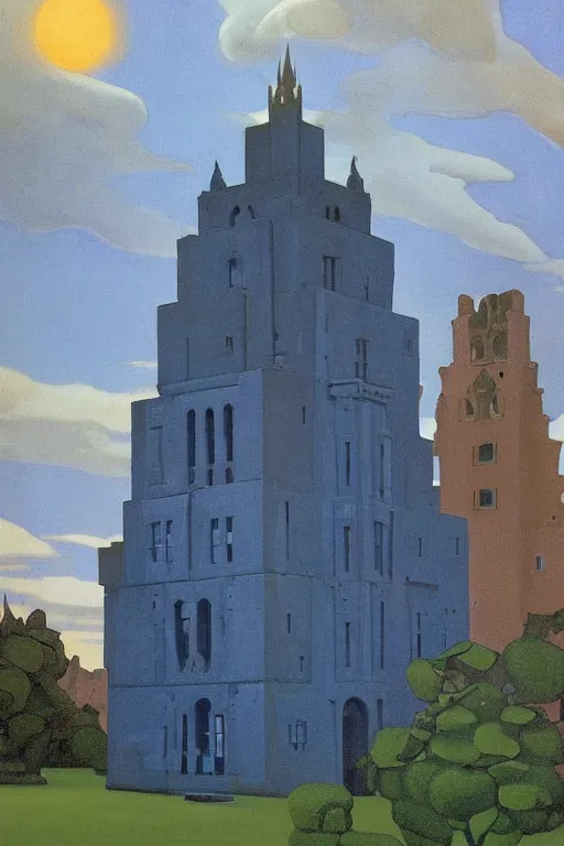 Image similar to view of the mysterious blue tower in its gardens after a storm, tall windows lit up, beautiful ornament, dramatic cinematic lighting, rich colors, by Nicholas Roerich and Ludwig Deutsch and April Gornik and Sylvain Sarrailh