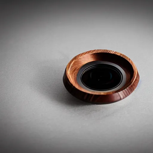 Image similar to camera lens aperture blades made of walnut wood. minimal. dramatic lighting.