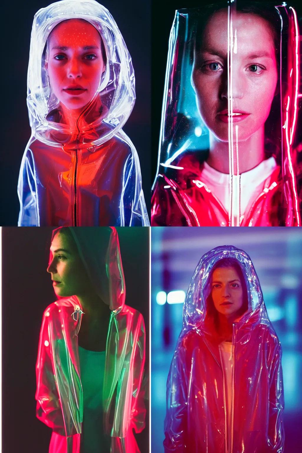 Prompt: A hyper realistic and detailed head portrait photography of a woman wearing a futuristic transparent raincoat with hoodie. by Annie Leibovitz. Neo noir style. Cinematic. Red neon lights and glow in the background. Cinestill 800T film. Lens flare. Helios 44m.