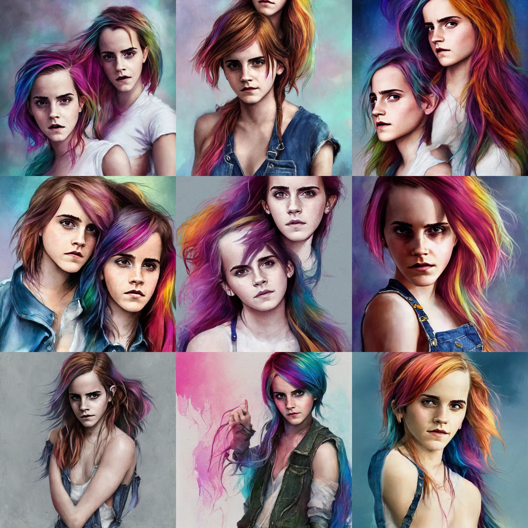 Prompt: emma watson with rainbow hair, drunk, angry, soft eyes and narrow chin, dainty figure, long hair straight down, torn overalls, basic white background, side boob, symmetrical, single person, style of by Jordan Grimmer and greg rutkowski, crisp lines and color,