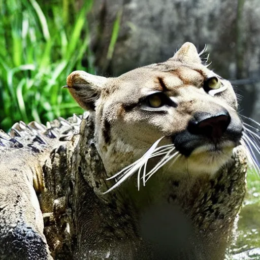 Image similar to crocodile and mountain lion hybrid animal, crocodilian features, real photo, taken in zoo, highly detailed