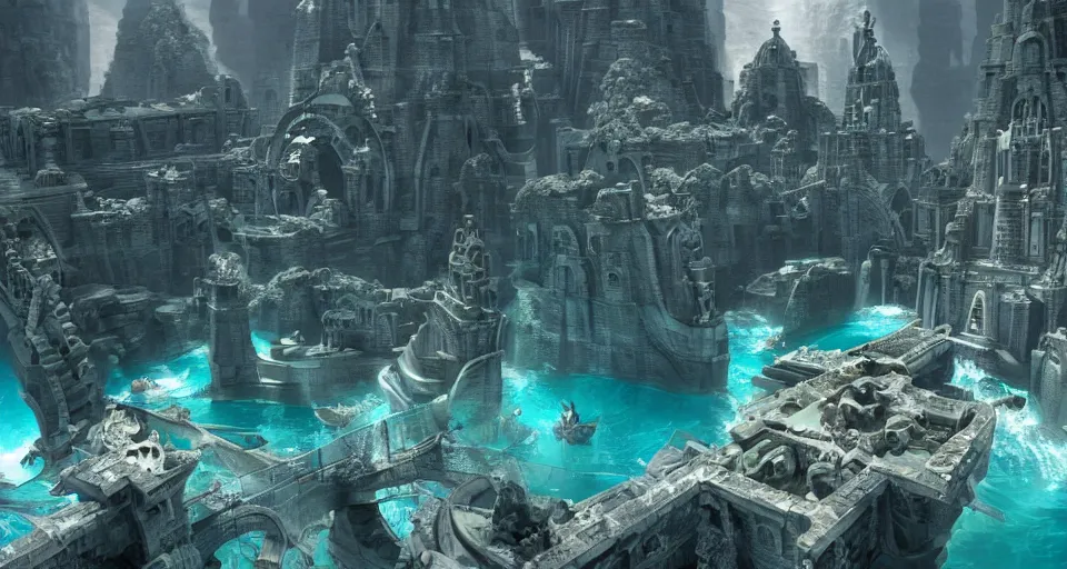 Image similar to the lost city of Atlantis, underwater, epic cinematic view, epic lighting, fully built buildings, white marble, hyper detailed, 4K