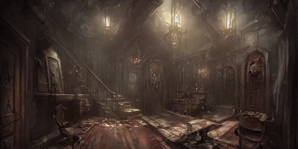 Image similar to dark sinister house interior by Bastien Lecouffe-Deharme and Charles Bowater, Greg Rutkowski, adventure game, inspired by Diablo concept art