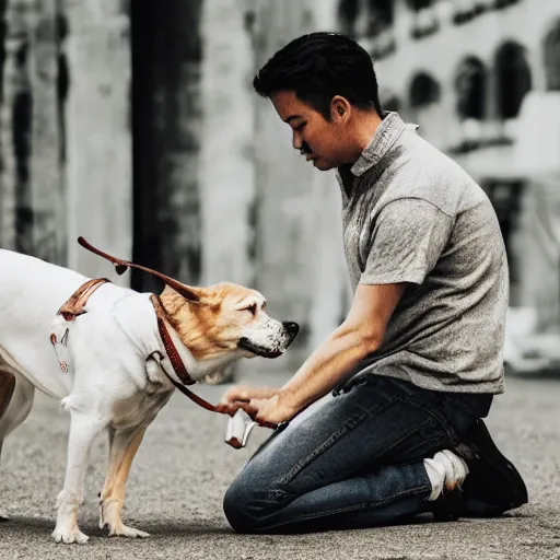 Image similar to [ selfie ]!!! of a man [ caressing a dog ]!!, trending on unsplash, 4 k photorealism, intricately detailed