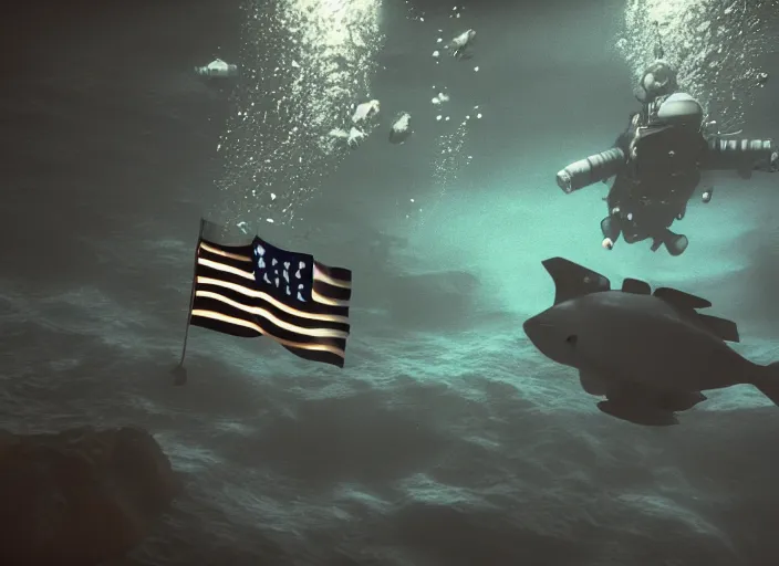 Prompt: dark claustrophobic underwater photo of an astronaut underwater putting a flag on the bottom of the ocean. in the background, a submarine is visible. dark, concept art, cinematic, dramatic, blender, photorealistic, octane render, 8 k, volumetric lighting, trending on artstation