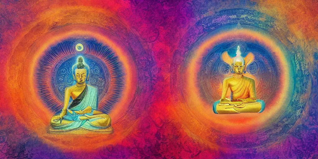 Prompt: The eternal cycle of Samsara, mystical, astral, psychological, Buddhist art, Buddhism, Pastel Art, Golden Hour, Warm Color Palette, Overdimensional, 4k