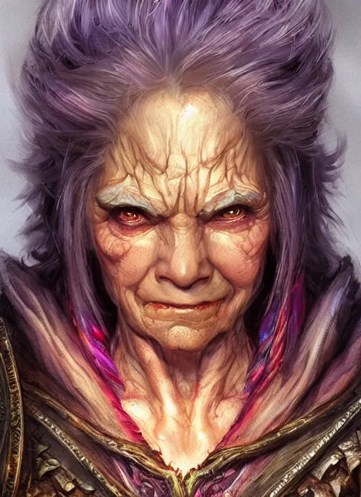 Image similar to old lady, ultra detailed fantasy, dndbeyond, bright, colourful, realistic, dnd character portrait, full body, pathfinder, pinterest, art by ralph horsley, dnd, rpg, lotr game design fanart by concept art, behance hd, artstation, deviantart, hdr render in unreal engine 5