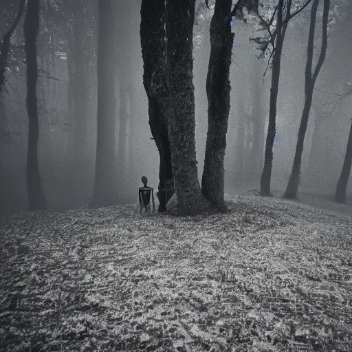 Prompt: man made of fog in dark woods at night