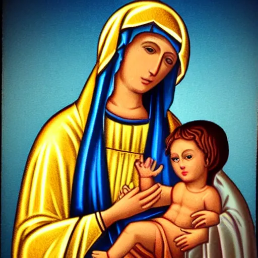 Image similar to the virgin mary looking fine af with a super swole baby jesus