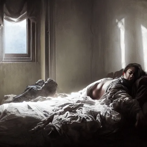 Prompt: shadow figure watching a person sleeping in bed at night, volumetric lighting, 8 k octane beautifully detailed render, post - processing, extremely hyper - detailed, intricate, epic composition, cinematic lighting, masterpiece, trending on artstation, detailed detailed detailed, masterpiece, stunning art by anders zorn, wonderful masterpiece by greg rutkowski, beautiful cinematic light,