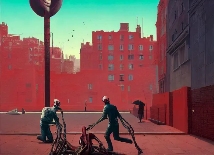 Prompt: war on the streets of london edward hopper and james gilleard, zdzislaw beksinski, by greg rutkowski, exotic vegetation, tristan eaton, victo ngai, vibrant red background, whale skeleton, a still from the film alien, hyperrealism